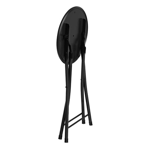 Black Backless Folding Stool 18 Inch With 225 Lb Capacity, shown folded, ultra slim 2 inch thick design.
