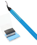 Deburring tool with blue knurled metal handle and curved blade; includes case with spare HSS blades