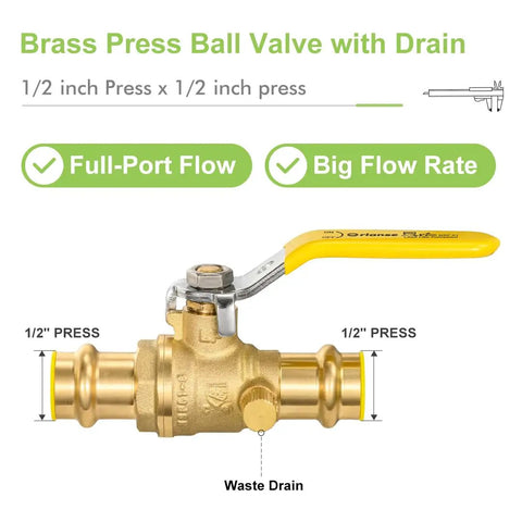 5 Pack 1/2 Inch Press X Press Copper Propress Ball Valves With Drain, brass valve with yellow handle, full-port flow indicator