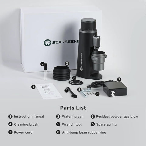 Parts list of Premium Electric Coffee Grinder With 48MM Conical Burrs, includes tools and accessories for usage.