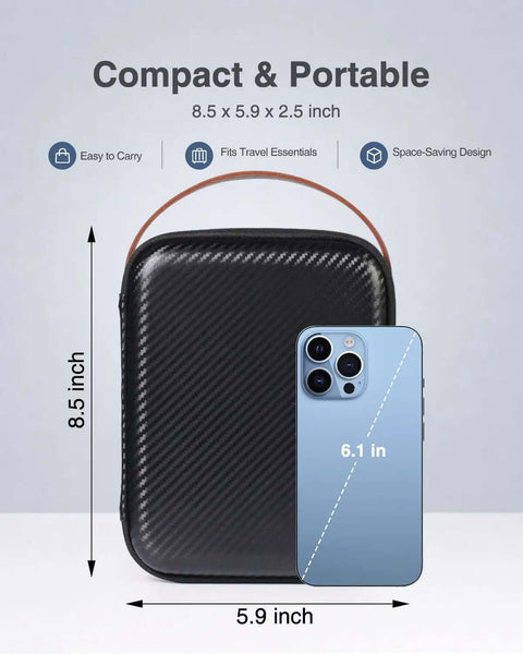 Level Up Your Rig With This Top Shelf Hard EVA Case Featuring Removable Foam Inserts For Shockproof Camera Organizer And Ready To Roll Drone Gear Bag With Strong Build next to a smartphone showing size dimensions.