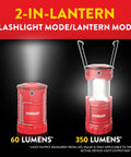 Two red Eveready LED lanterns, one collapsed in flashlight mode at 60 lumens and one expanded in lantern mode at 350 lumens, against a black background.