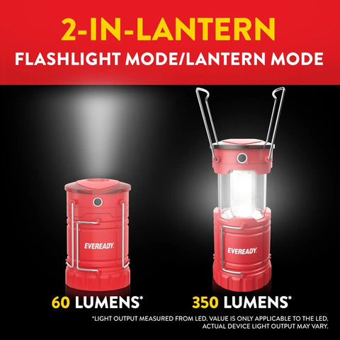 Two red Eveready LED lanterns, one collapsed in flashlight mode at 60 lumens and one expanded in lantern mode at 350 lumens, against a black background.