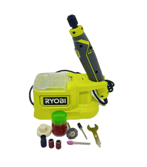 Cordless Precision Rotary Tool 18V With Five Speed Settings From 4,400 To 23,000 RPM Tool Only with accessories displayed