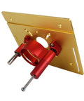 Gonna Nail Every Joint This Hella Stable Manual Router Lift Table Kit With Heavy Duty Aluminum Base Plate for DIY woodworkers, gold base plate with red components.