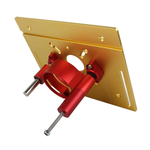 Gonna Nail Every Joint This Hella Stable Manual Router Lift Table Kit With Heavy Duty Aluminum Base Plate for DIY woodworkers, gold base plate with red components.