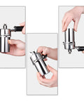 Hands holding 53.4mm Espresso Dosing Cup in 304 stainless steel with grinder trigger button fits 54mm Breville portafilters