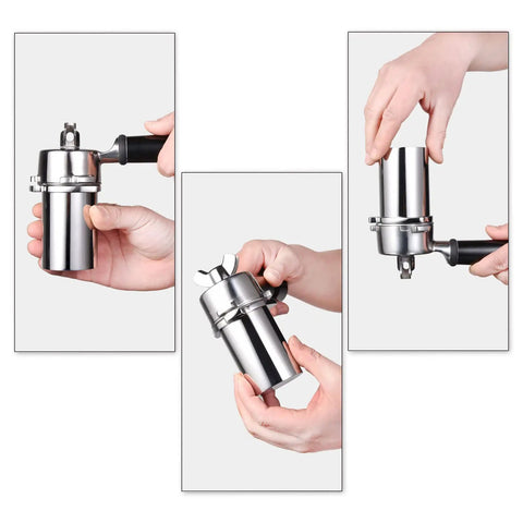 Hands holding 53.4mm Espresso Dosing Cup in 304 stainless steel with grinder trigger button fits 54mm Breville portafilters