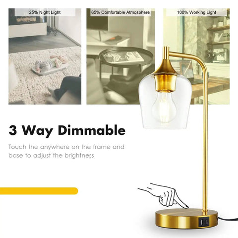 Gold Industrial Table Lamps Set of 2 With USB Charging Ports, Dimmable Touch Control, E26 Bulbs Included, Nightstand Lamps display