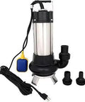 Rugged 1.5 HP Sewage Submersible Grinder Pump with float switch, 6340 GPH flow, stainless steel body and impeller, accessories shown