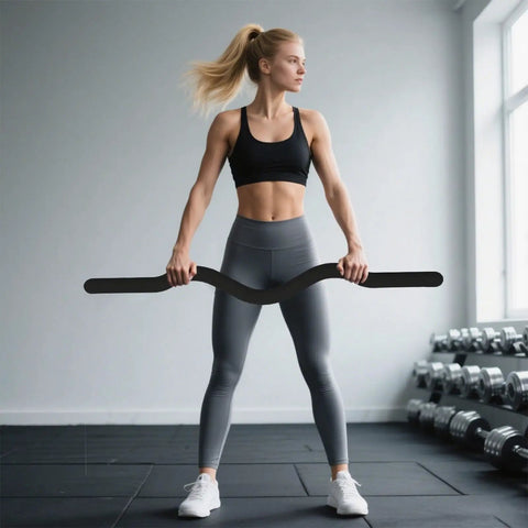 Person in gym holding 15 Lb Weighted Bar For Home Gym With Silicone Coated Surface And Solid Steel Core, Barbell For Yoga Pilates Body Toning And Strength Training, Pink Small, Durable And Stable For Beginners To Get Gains.