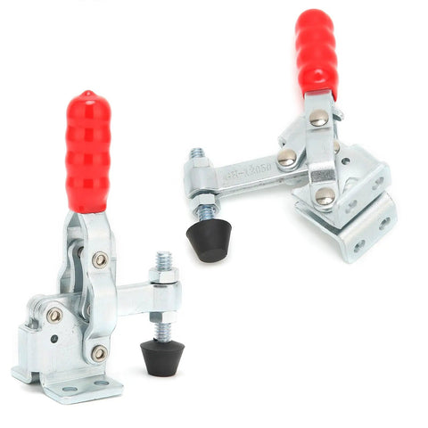 Toggle Clamp With Quick Release For Drill Presses, Vertical Hold Down Clamp shown with red handle for woodworking jigs and fixtures.