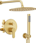 Brushed Gold Shower System with 10" Shower Head and Handheld featuring a sleek design and modern wall controls.