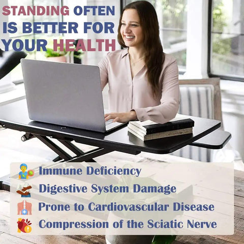 Woman using 32 Inch Height Adjustable Standing Desk Riser For Home Office And Gaming, Heavy Duty Computer Workstation.