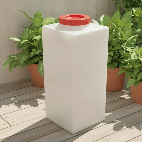 Heavy Duty RV Fresh Water Tank for Camping and Farm Use, white vertical storage container with red threaded connection