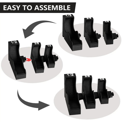 Magnetic Ratchet Organizer Set for One Quarter Inch Three Eighth Inch And One Half Inch Ratchets With Interlocking Design shown in assembly steps