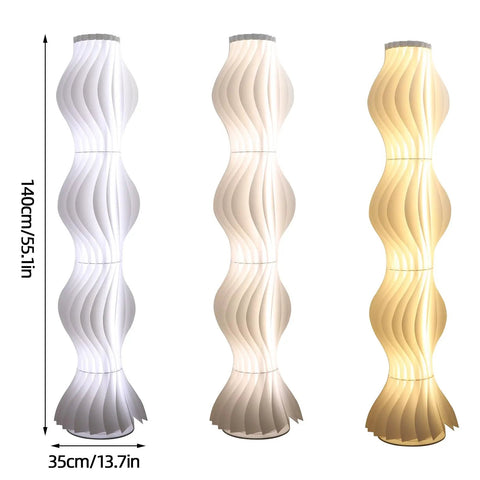 Dimmable Column Floor Lamp With Hula Skirt Shade, 55 Inch Tall Contemporary Standing Light, shown in various color temperatures.
