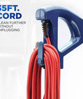 Blue handle of Commercial Upright Bagged Vacuum Cleaner For Carpets And Hard Floors with 35ft red power cord wrapped around it.