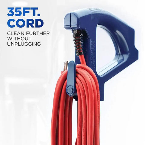 Blue handle of Commercial Upright Bagged Vacuum Cleaner For Carpets And Hard Floors with 35ft red power cord wrapped around it.