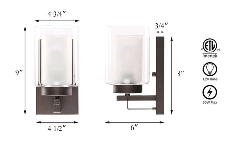Dark Bronze Vanity Wall Light With Dual Glass Shades, 1 Light Hardwired Indoor Wall Sconce, shown with dimensions.