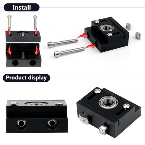 Adjustable Metal Z Axis T8 Lead Screw Top Mount for 3D Printers, black oxide aluminum with screws, installation and display view.