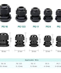 Waterproof Nylon Cable Glands Kit 40 pcs set, sizes PG7 to PG16, black seals, wire dimensions included, outdoor industrial use
