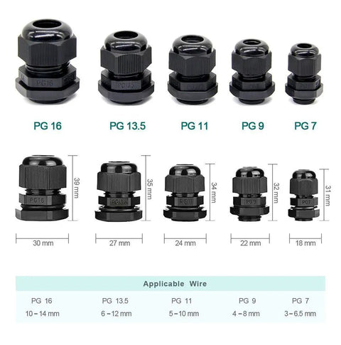 Waterproof Nylon Cable Glands Kit 40 pcs set, sizes PG7 to PG16, black seals, wire dimensions included, outdoor industrial use