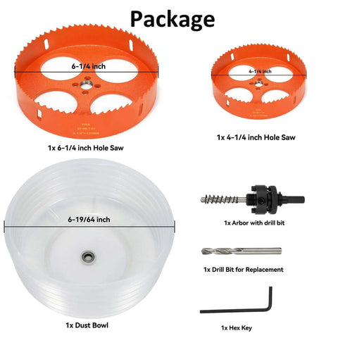 Amazon Tools hole saw kit: orange 6-1/4in and 4-1/4in bi-metal hole saws with dust catcher, arbor, drill bits, hex key