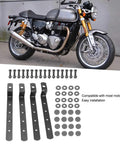 Rugged Iron Side Case Mounting Brackets Kit For Motorcycles with bolts and washers, universal fit, showcased on a motorcycle