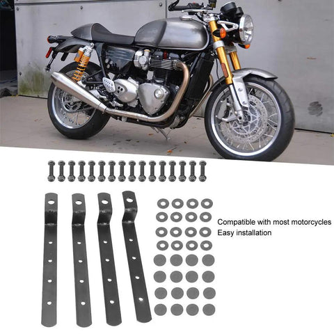 Rugged Iron Side Case Mounting Brackets Kit For Motorcycles with bolts and washers, universal fit, showcased on a motorcycle