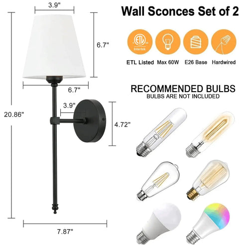 Diagram of Industrial Rustic Wall Sconces Set Of 2 Hardwired Wall Lamps With Fabric Shades Black Finish Vanity Lighting