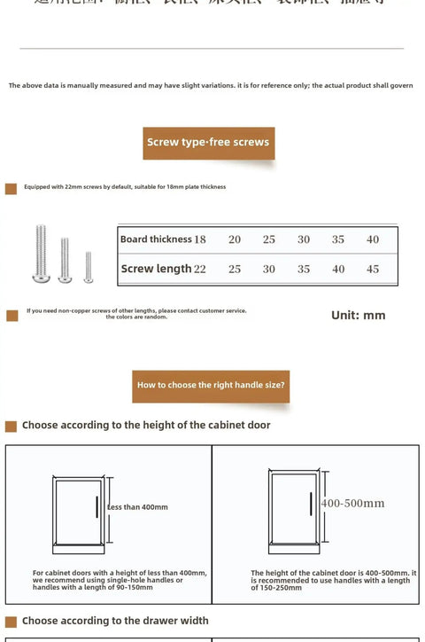 Diagram showing screw sizes and installation guide for Brushed Nickel Cabinet Knobs And Pulls For Drawers And Closet Doors Fingerprint Resistant Durable Kitchen And Bathroom Cabinet Hardware Upgrade With Easy Grip Handles.