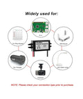 Waterproof 12V and 24V to 5V DC Converter with USB C output, shown in diagram with compatible devices like Raspberry Pi 4, car chargers.