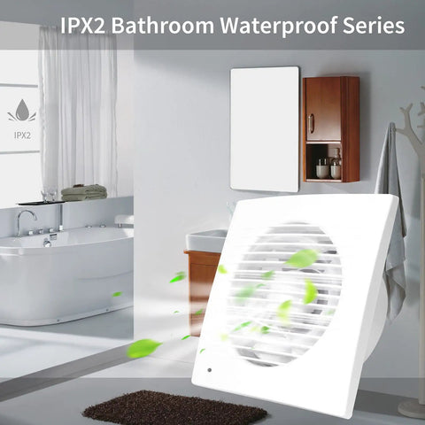 Go To Ultra Thin 4 Inch Exhaust Fan With Check Valve For Window Or Wall Mount, 12W 110V displayed in a bathroom setting