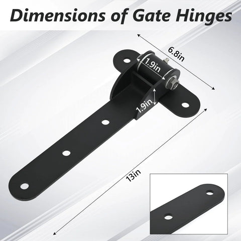 Two 13-inch heavy-duty gate hinges with internal ball bearings, black finish, weld-on or bolt-on, 1000 lb capacity.