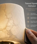 Top Shelf Alabaster Wall Sconces Set of 2, 24 Inch Spanish Marble Lights, showcasing unique stone texture and craftsmanship.