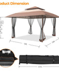 13x13 Pop Up Gazebo Outdoor Canopy Shelter With Four Sandbags No Fuss Quick Setup Sun Shade Canopy Double Tier Mesh Netting Waterproof UV Block Oxford Cloth Mosquito Guard For Lawn Garden Backyard And Deck Coffee, displayed with dimensions and carry bag