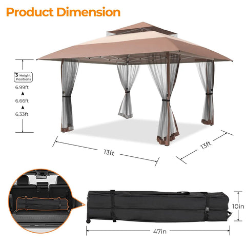13x13 Pop Up Gazebo Outdoor Canopy Shelter With Four Sandbags No Fuss Quick Setup Sun Shade Canopy Double Tier Mesh Netting Waterproof UV Block Oxford Cloth Mosquito Guard For Lawn Garden Backyard And Deck Coffee, displayed with dimensions and carry bag