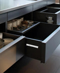 Heavy Duty Steel Drawer Slides 2 Pairs With Quiet Glide Roller Wheels For Kitchen Cabinets And Wardrobes, shown installed in kitchen drawers