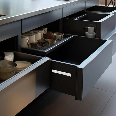 Heavy Duty Steel Drawer Slides 2 Pairs With Quiet Glide Roller Wheels For Kitchen Cabinets And Wardrobes, shown installed in kitchen drawers
