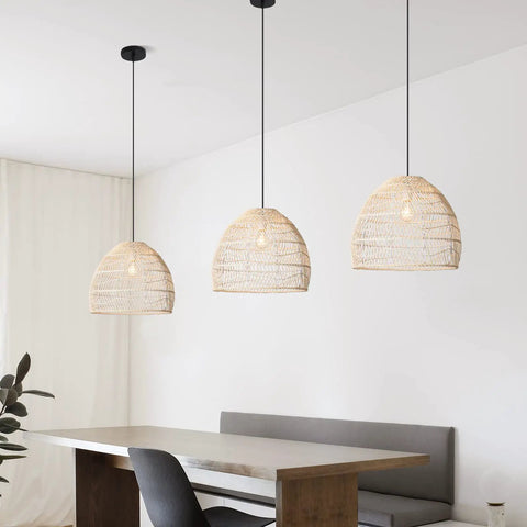 Room with Two Pack Woven Rattan Pendant Lights for Kitchen Island and Living Room, Minimalist Farmhouse Ceiling Chandeliers, cozy setting.