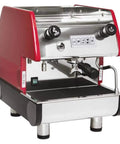 Straight Fire One Group Programmable Espresso Machine With Copper Boiler And Digital Control Pad Pull Killer Shots Daily In Ruby Red Finish With Stop Button from the side showing digital controls.