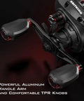 Brutus Baitcasting Fishing Reel With Graphite Frame, aluminum handle arm, TPR knobs, 7.2 to 1 gear, right hand view