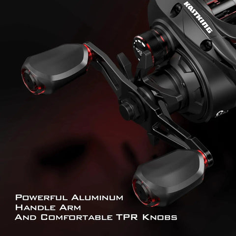 Brutus Baitcasting Fishing Reel With Graphite Frame, aluminum handle arm, TPR knobs, 7.2 to 1 gear, right hand view
