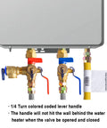 Front view of Hydro Master tankless water heater service valve kit in brass with 3/4 IPS isolators and red/blue handles