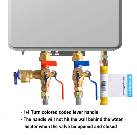 Front view of Hydro Master tankless water heater service valve kit in brass with 3/4 IPS isolators and red/blue handles