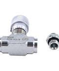 Front view of HOGE STB-G3/8 hydraulic flow control valve with knurled adjustment knob and hex adapter