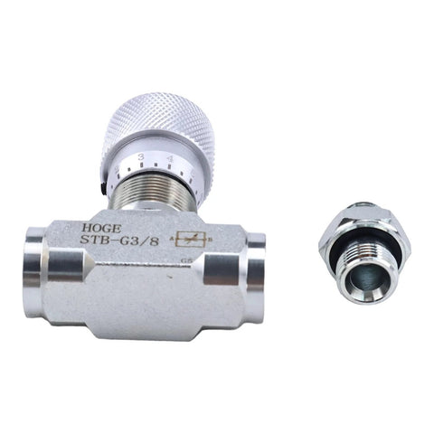 Front view of HOGE STB-G3/8 hydraulic flow control valve with knurled adjustment knob and hex adapter