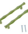Close-up of green Zinc Alloy Cabinet Pulls Set 2 Pack, Sleek Cupboard Handles for Dresser, with screws visible
