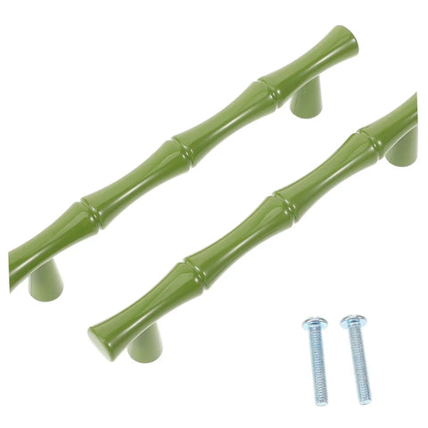 Close-up of green Zinc Alloy Cabinet Pulls Set 2 Pack, Sleek Cupboard Handles for Dresser, with screws visible